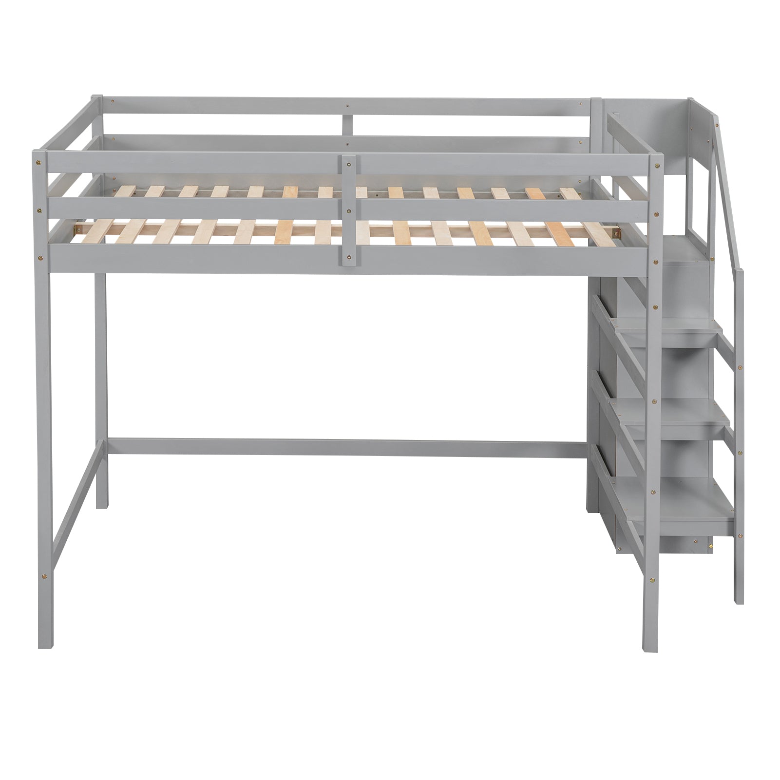 Grey wooden loft bed with integrated stairs and storage shelves