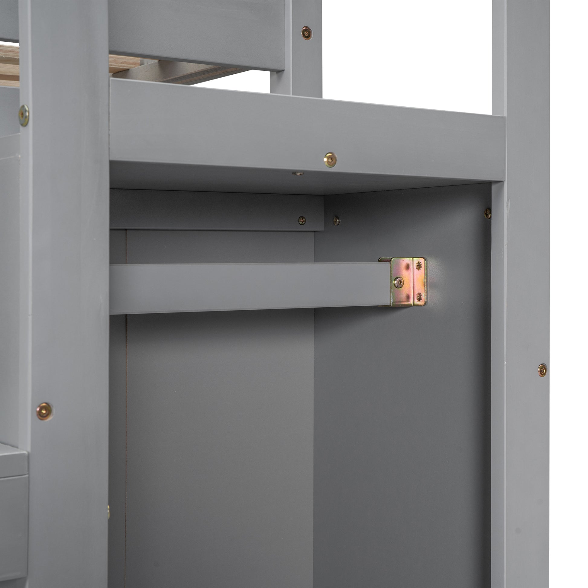 Closeup of gray wood bunk bed frame showing metal bracket