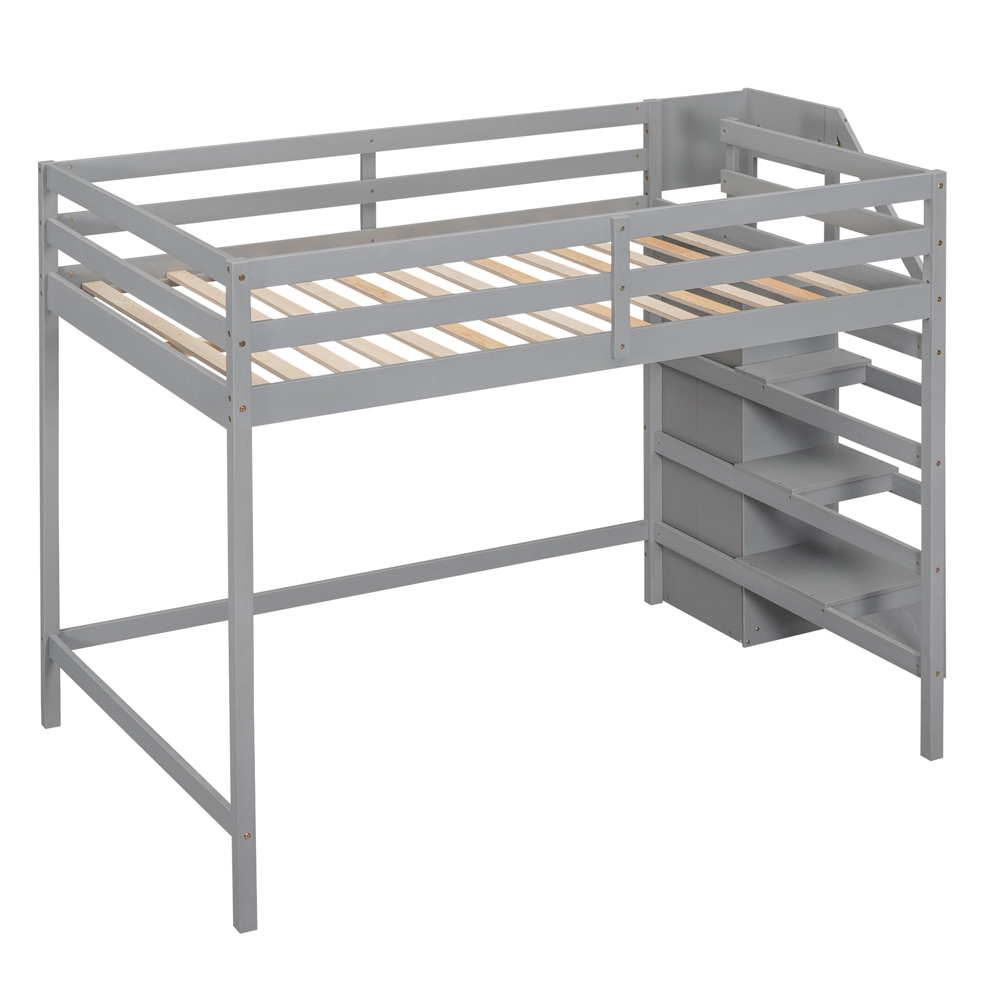 Gray wooden loft bed with integrated stairs for kids room