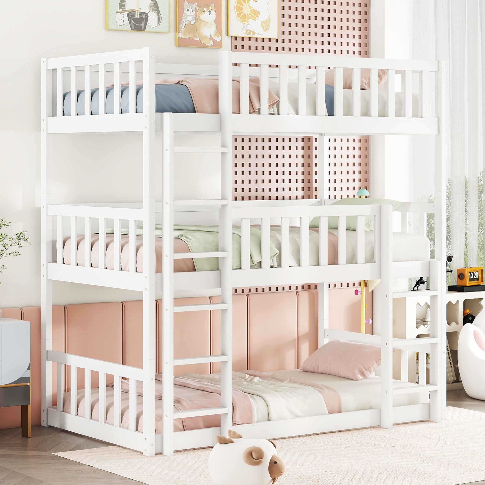 White triple bunk bed with wood construction and white railings