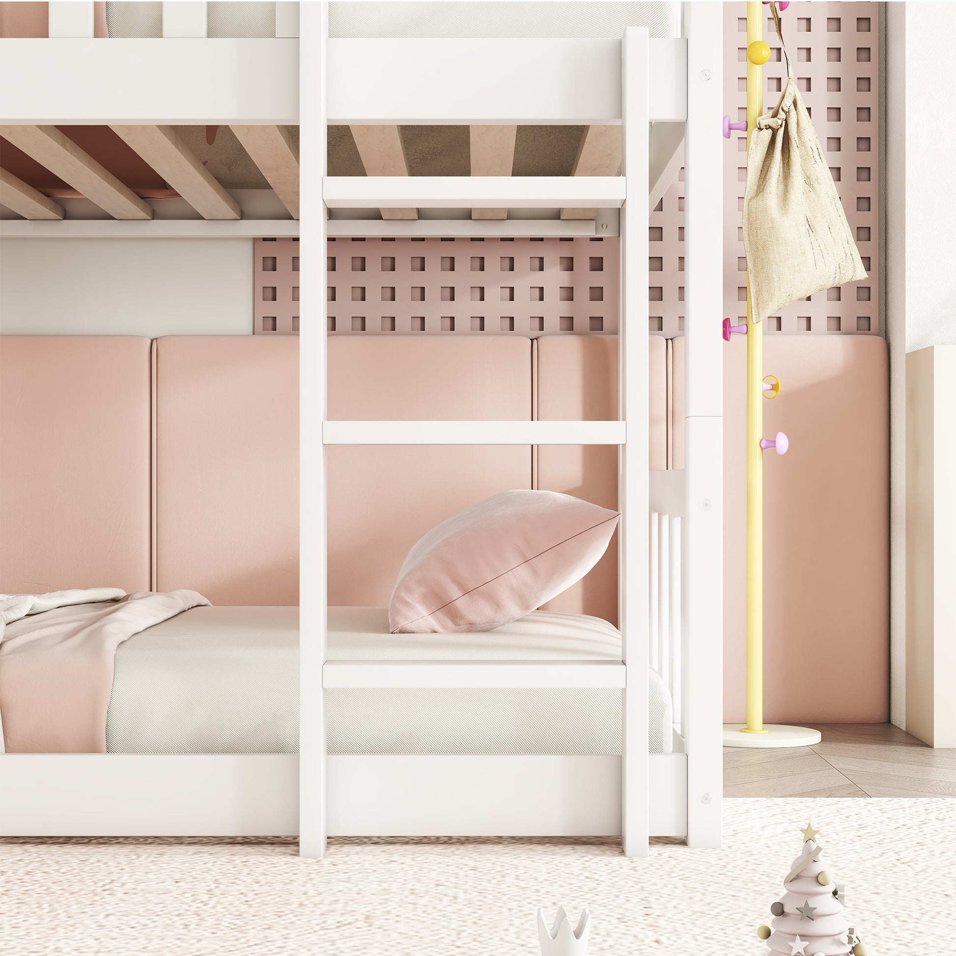 White wooden bunk bed with pink upholstered headboards and bedding