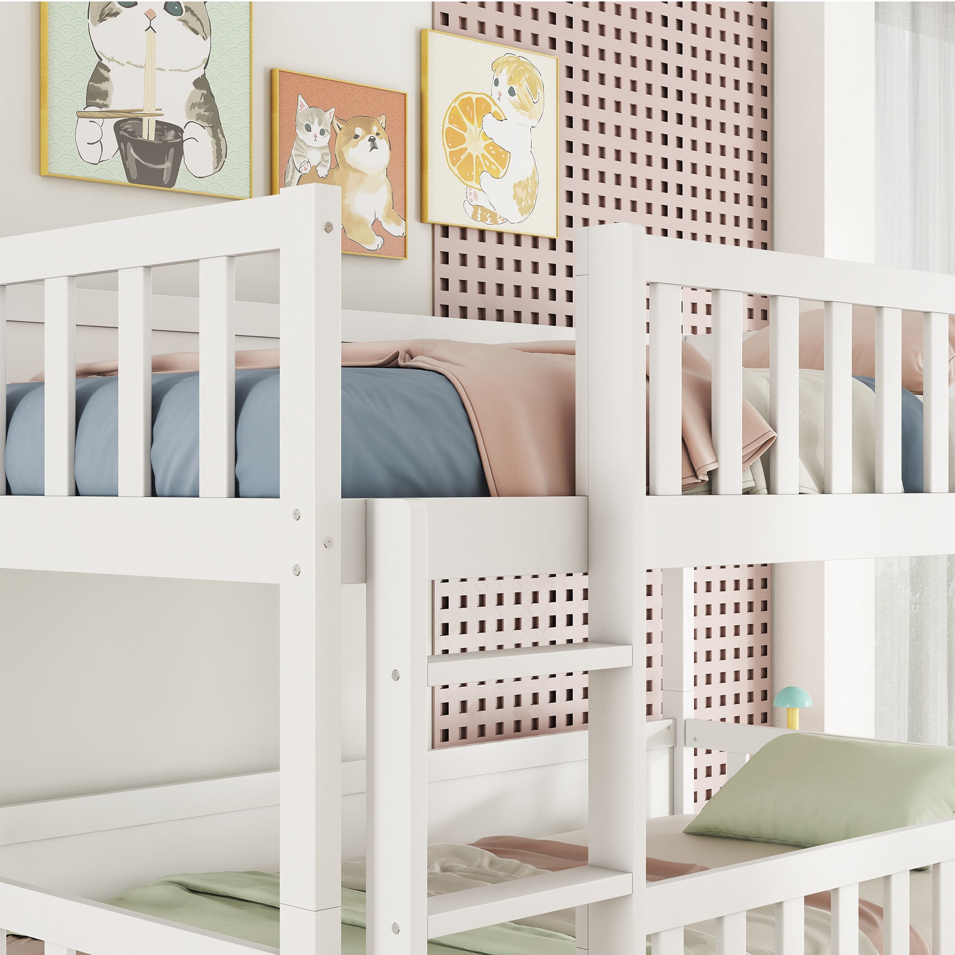 White wooden bunk bed with blue and pink bedding