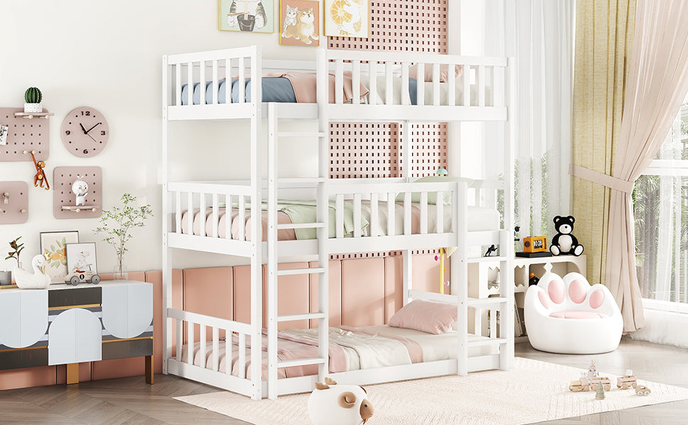 White triple bunk bed with wooden ladder for kids room