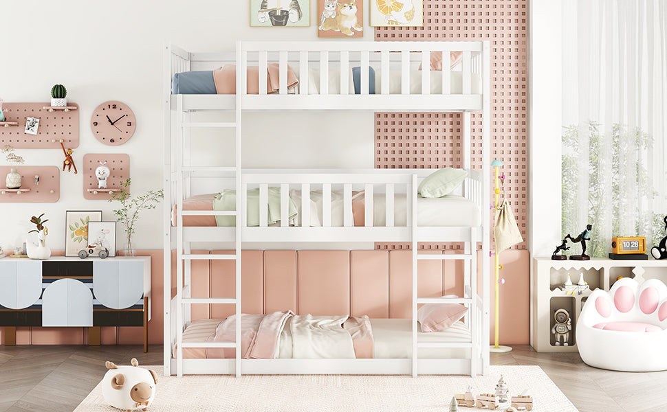 White triple bunk bed with pastel bedding