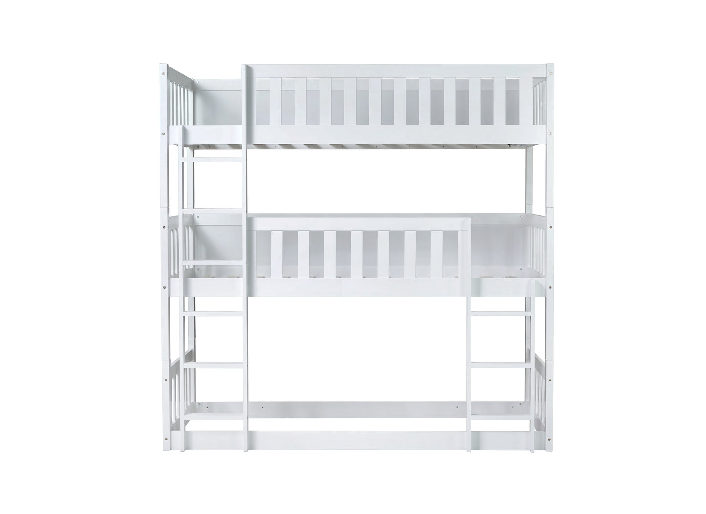 White wooden triple bunk bed with ladder