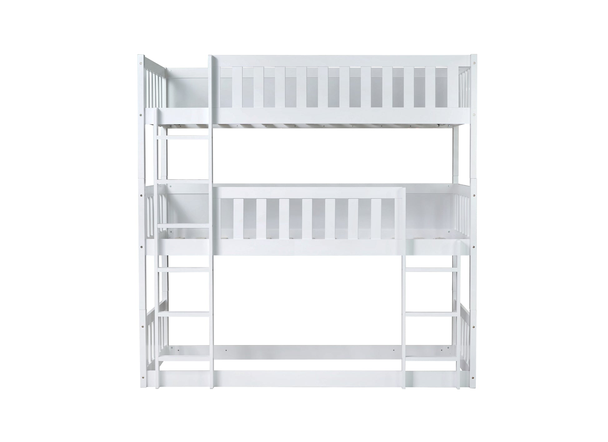 White wooden triple bunk bed with ladder