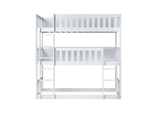 White wooden triple bunk bed with ladder