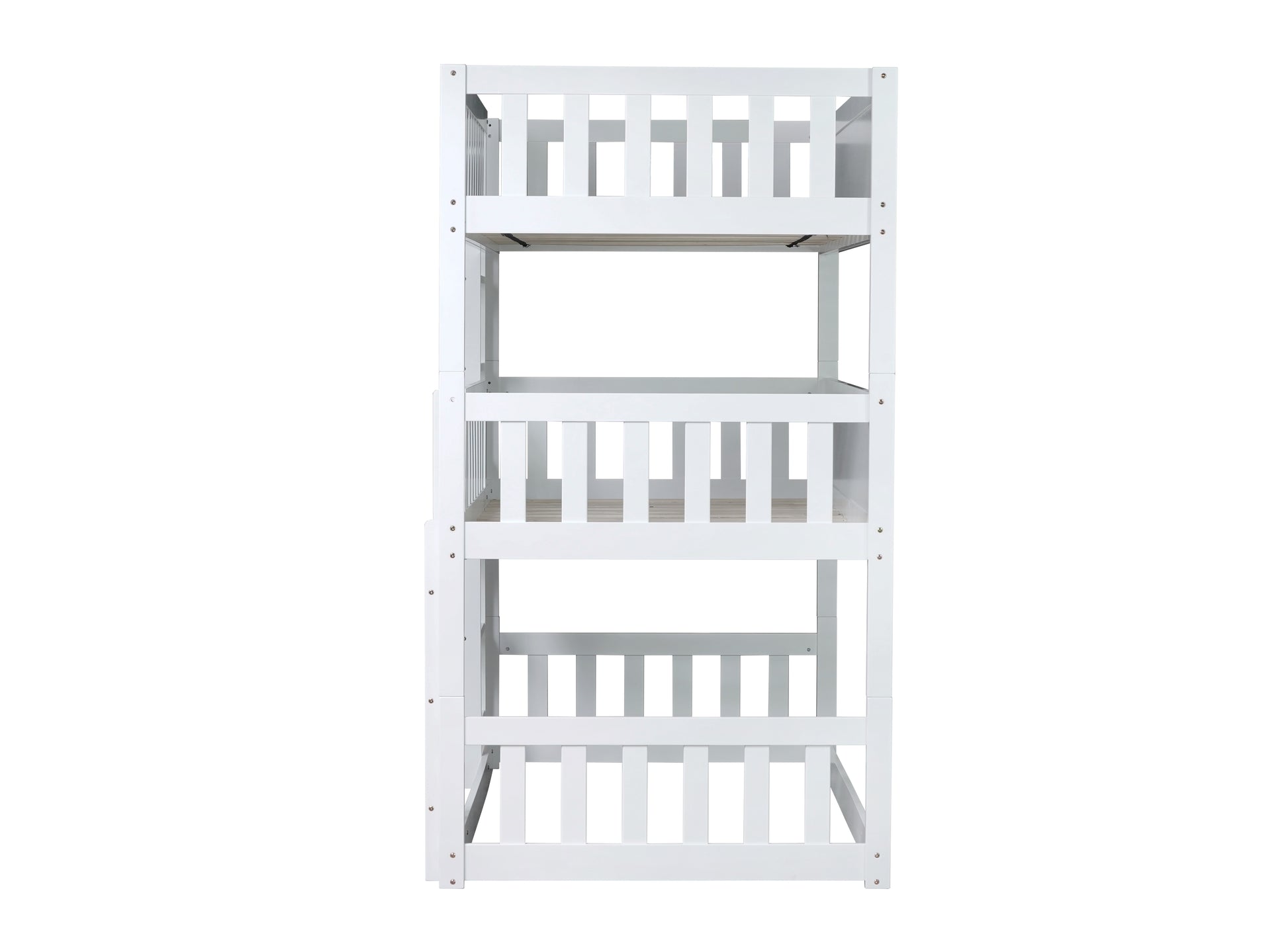 White wooden bunk bed frame with slatted sides