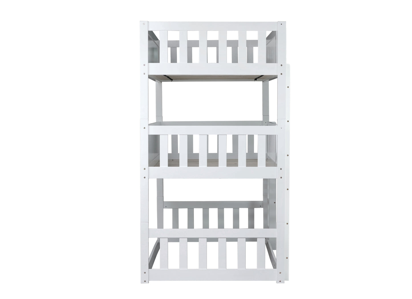 White wooden bunk bed frame with slatted sides and a sturdy design