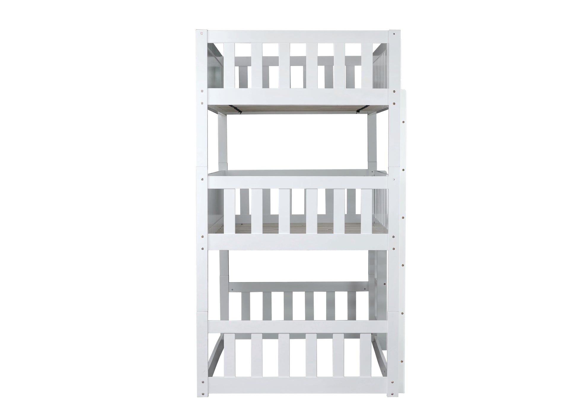 White wooden bunk bed frame with slatted sides and a sturdy design