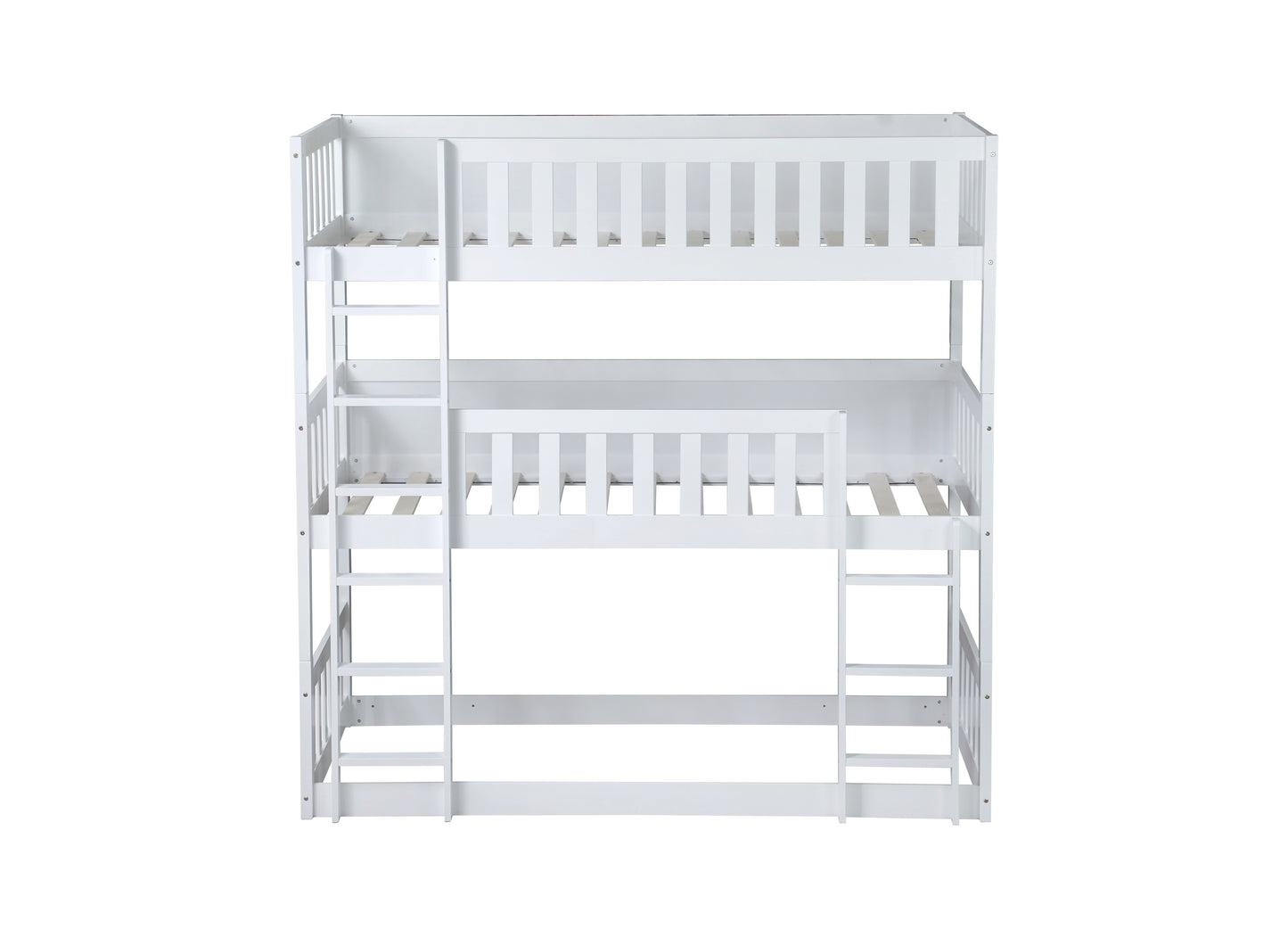 White triple bunk bed with integrated ladders and safety rails