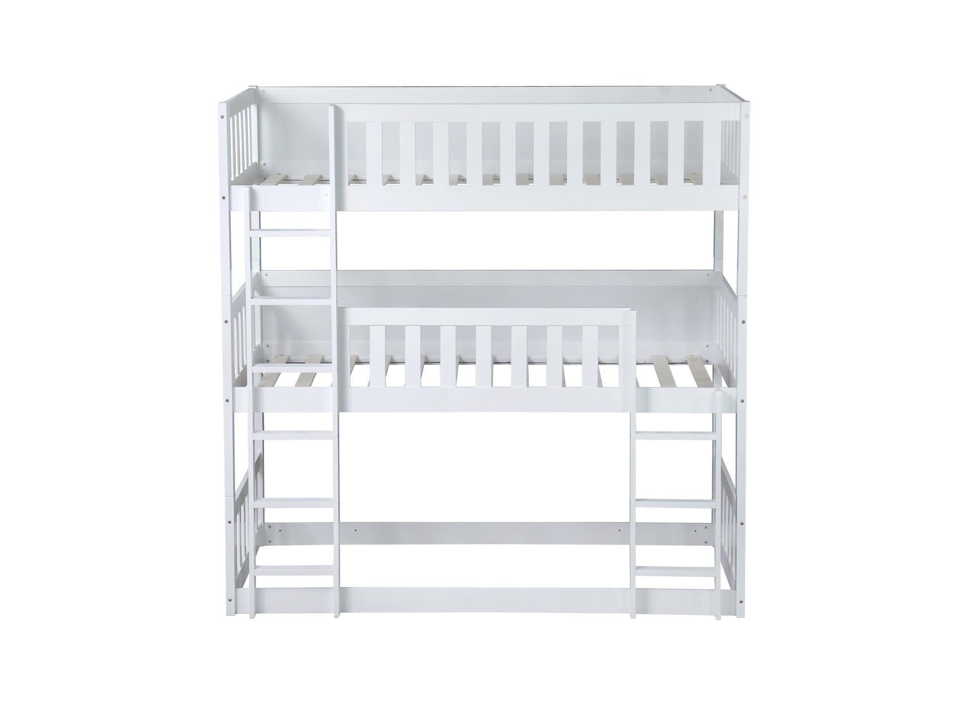 White triple bunk bed with integrated ladders and safety rails