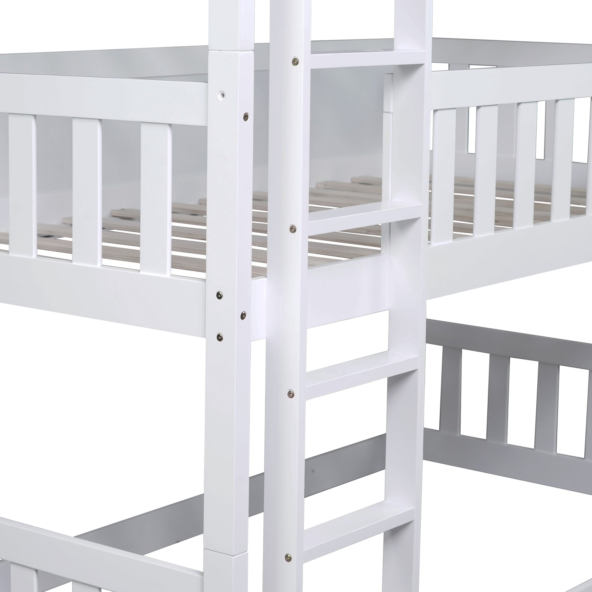Closeup of white wooden bunk bed ladder and railing