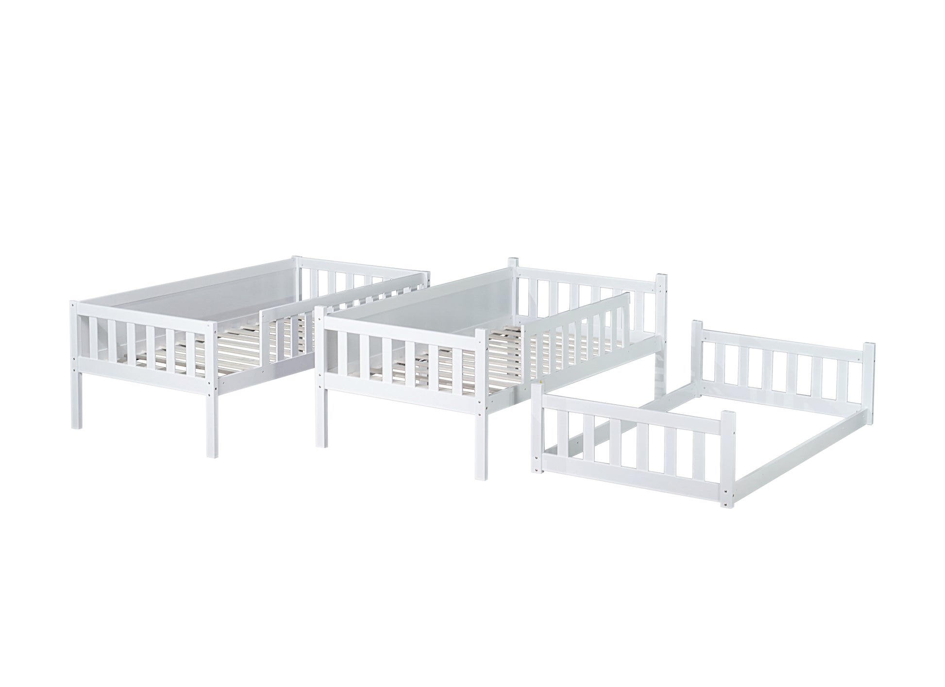 White wooden toddler bed frame with safety rails and slatted base