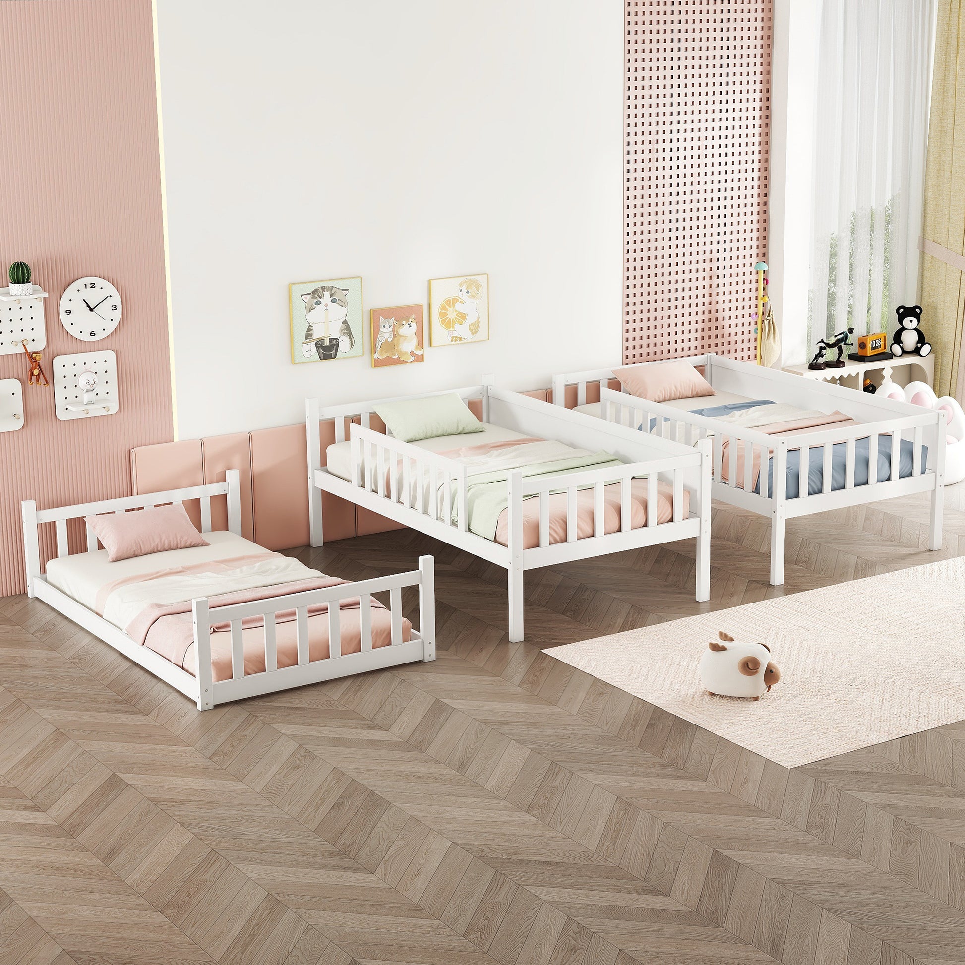 White wooden twin bed with safety rails for kids