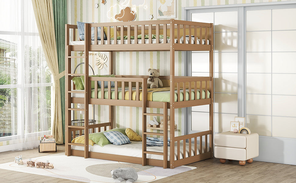 Wooden triple bunk bed with light green and yellow bedding in a childrens room