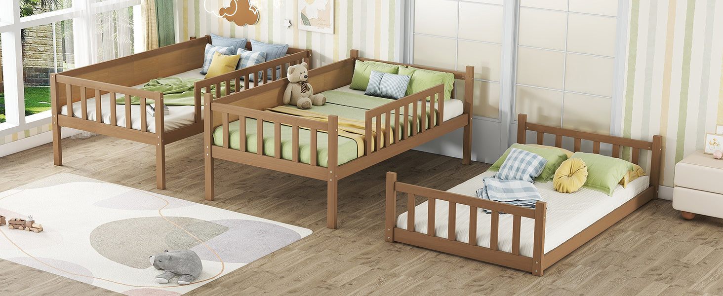 Natural wood toddler bed with green bedding and teddy bear