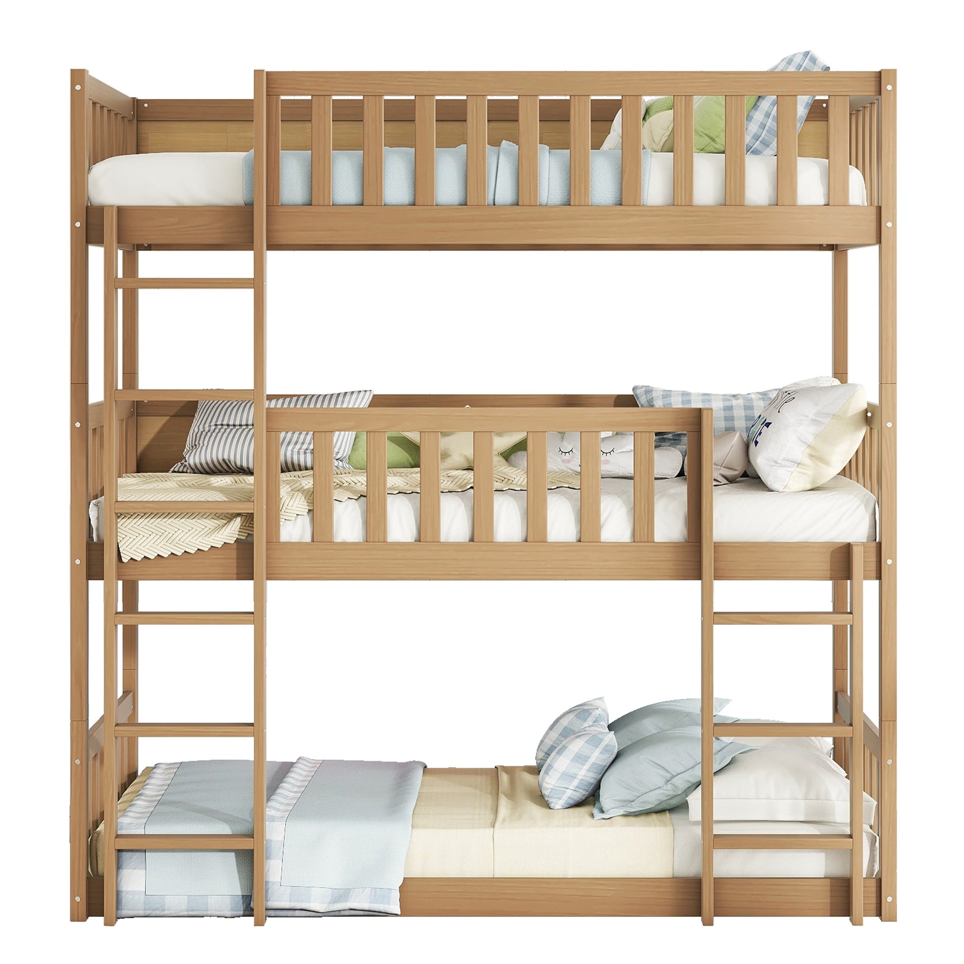 Solid wood triple bunk bed with ladder and guardrails
