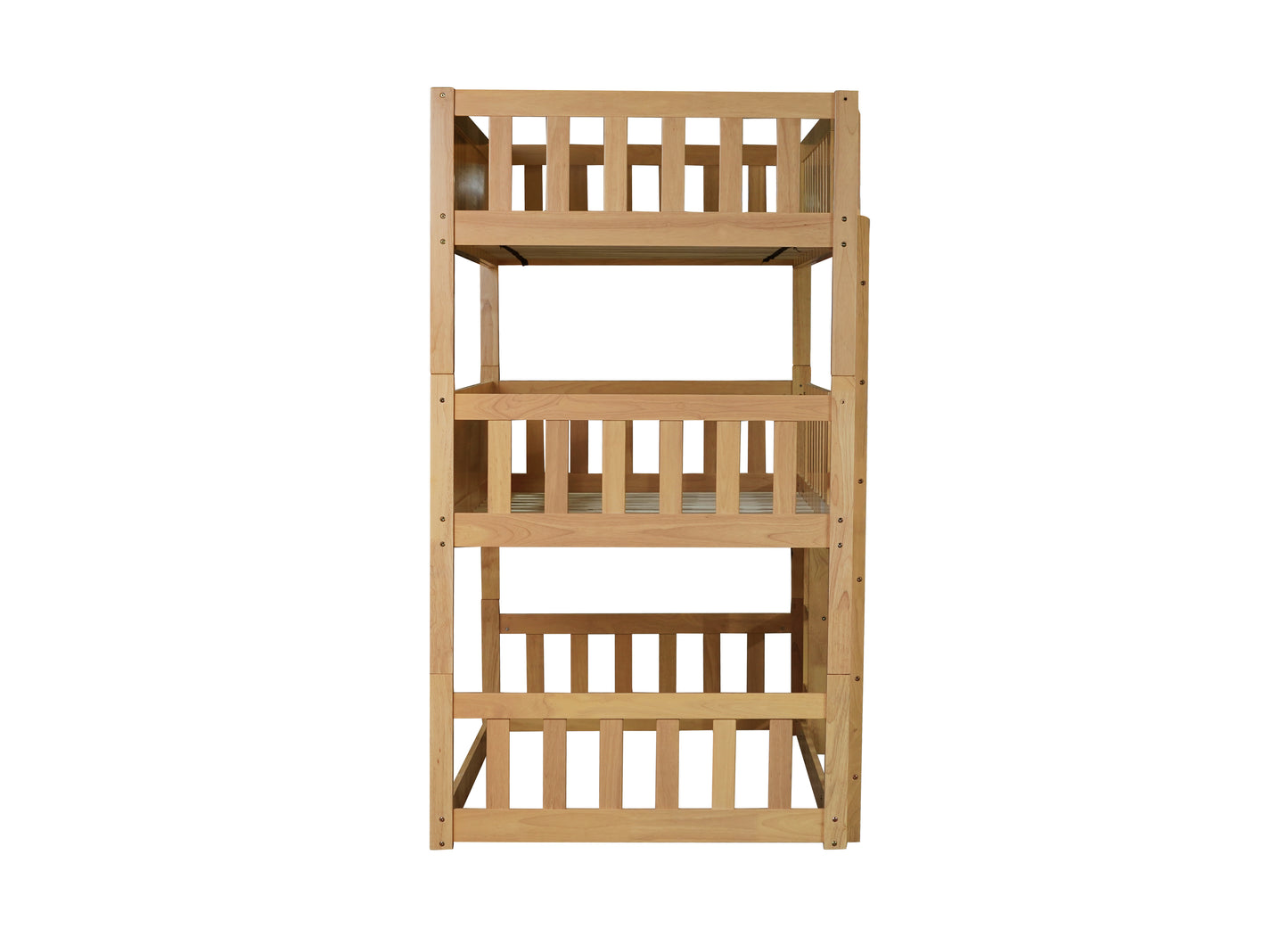 Natural wood triple bunk bed with slatted sides for childrens room