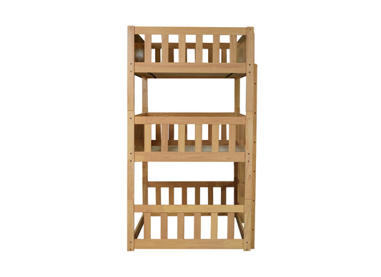 Natural wood triple bunk bed with slatted sides for childrens room