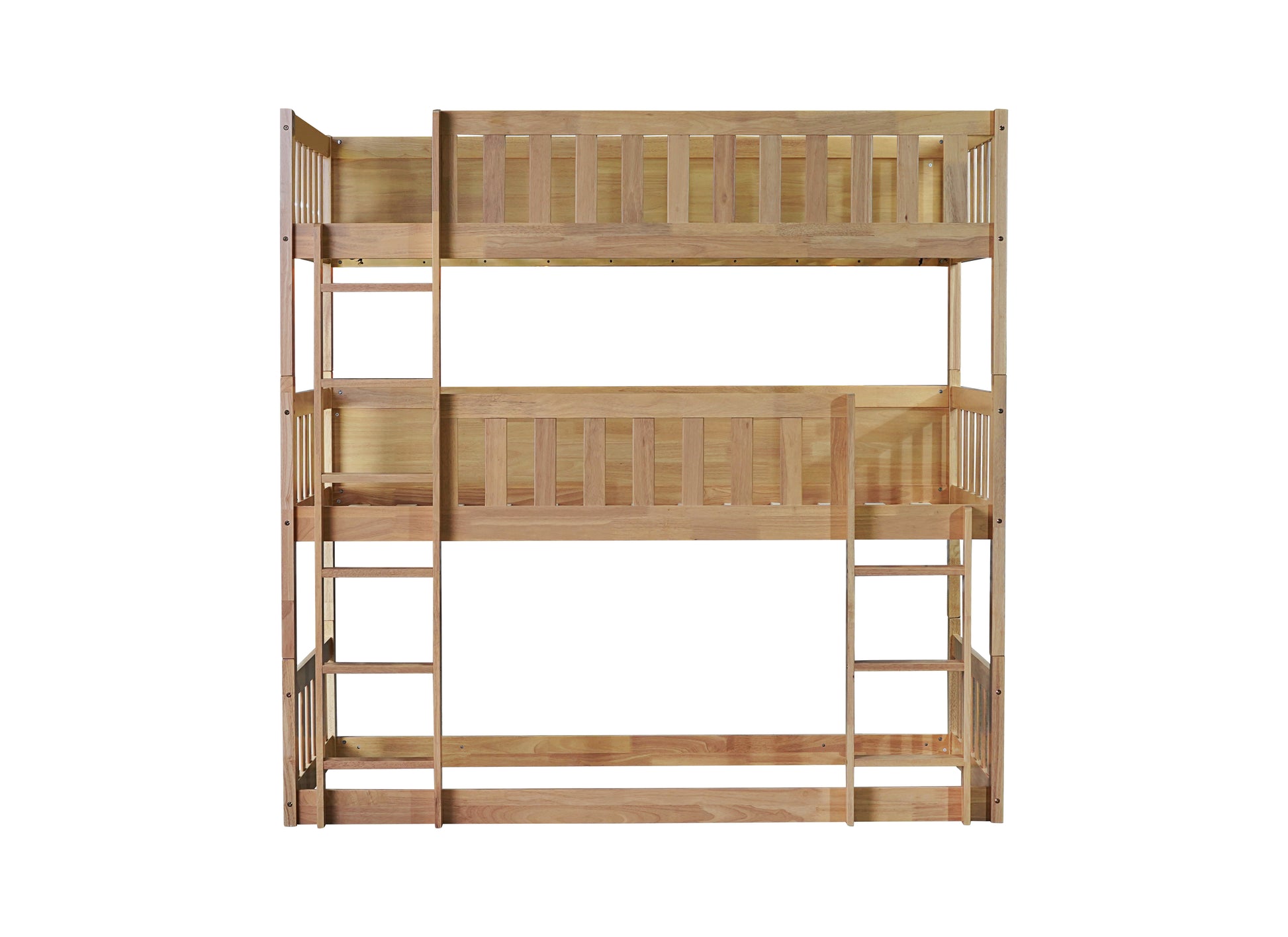 Natural pine wood triple bunk bed with ladders