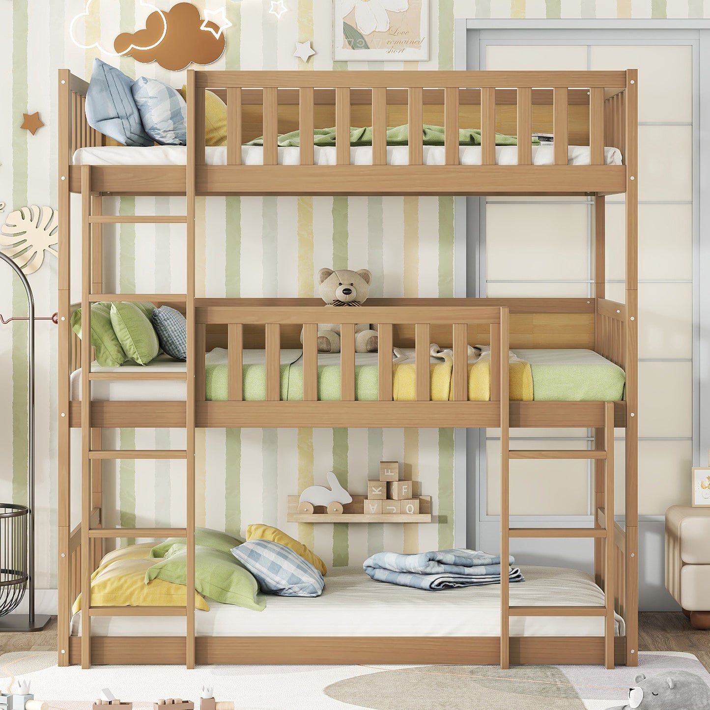 Wooden triple bunk bed with green and yellow bedding