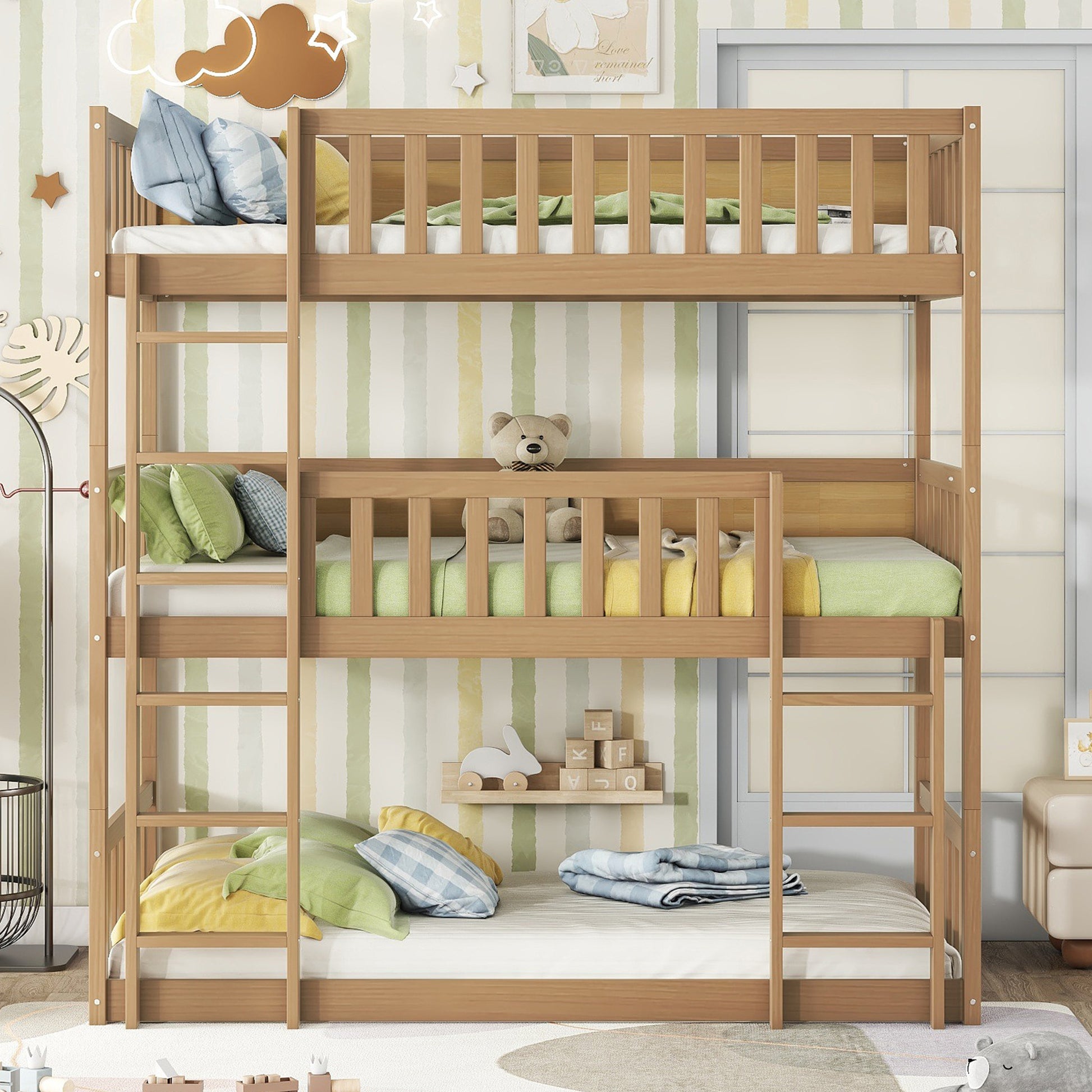 Wooden triple bunk bed with green and yellow bedding