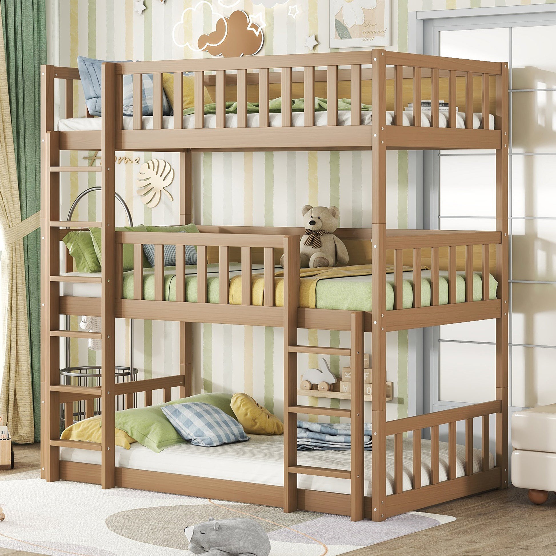 Solid wood triple bunk bed with guardrails