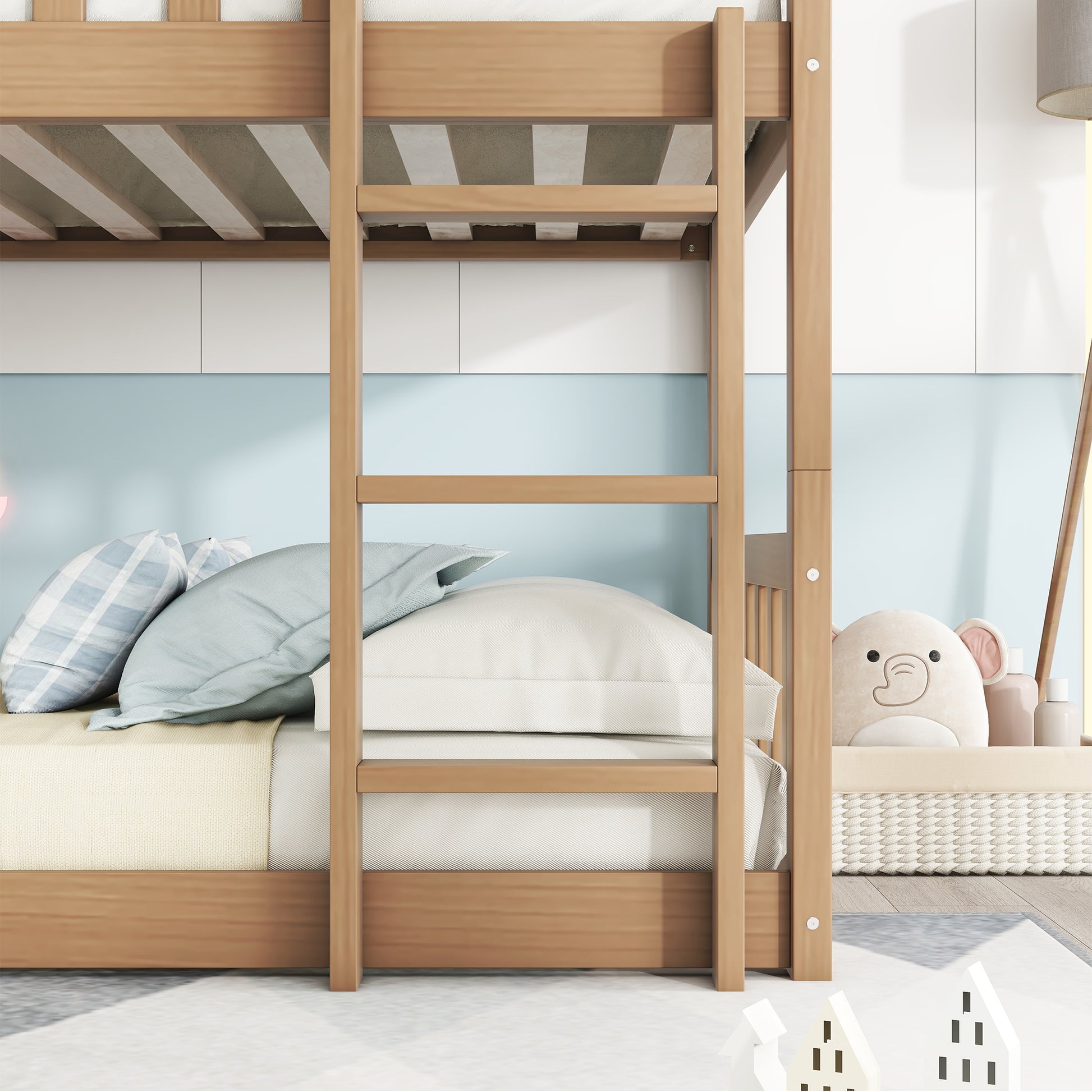 Natural wood twin bunk bed with ladder and cozy bedding