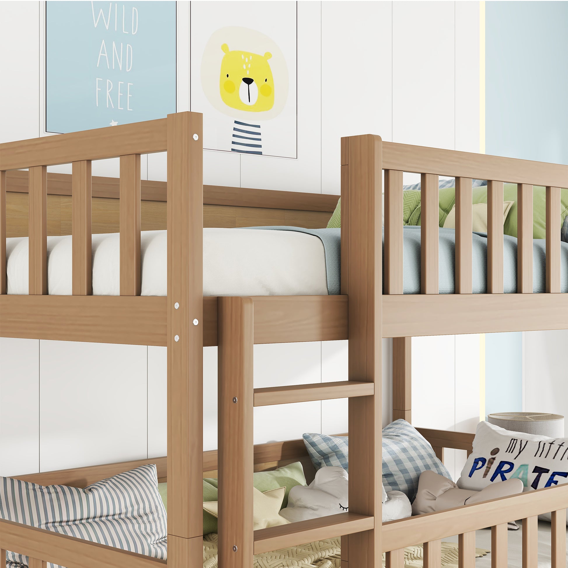 Natural wood bunk bed with safety rails and ladders