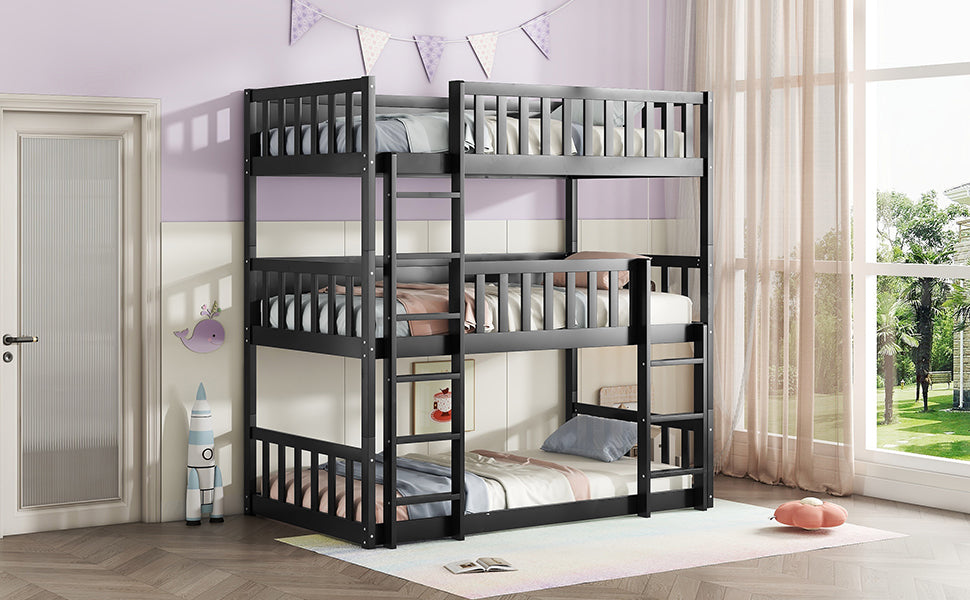 Black wooden triple bunk bed with ladders on both sides
