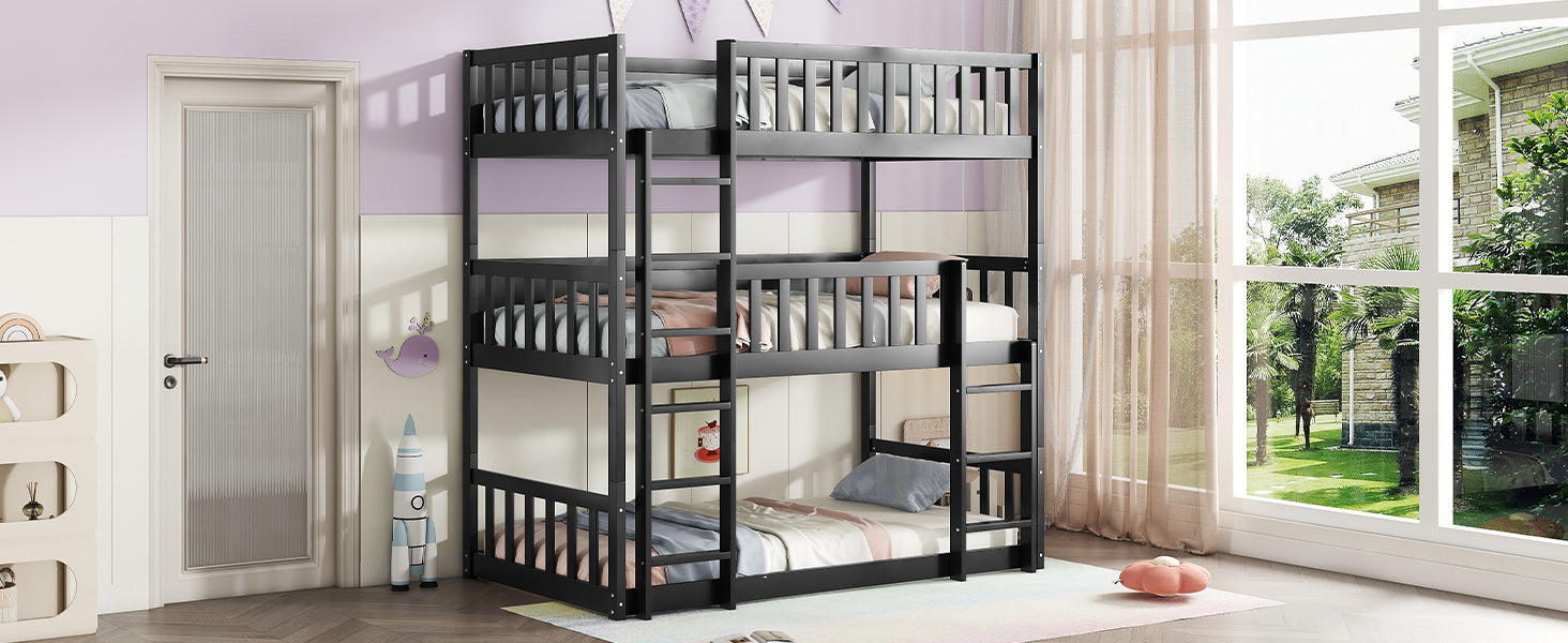 Black wood triple bunk bed with slatted sides and ladders
