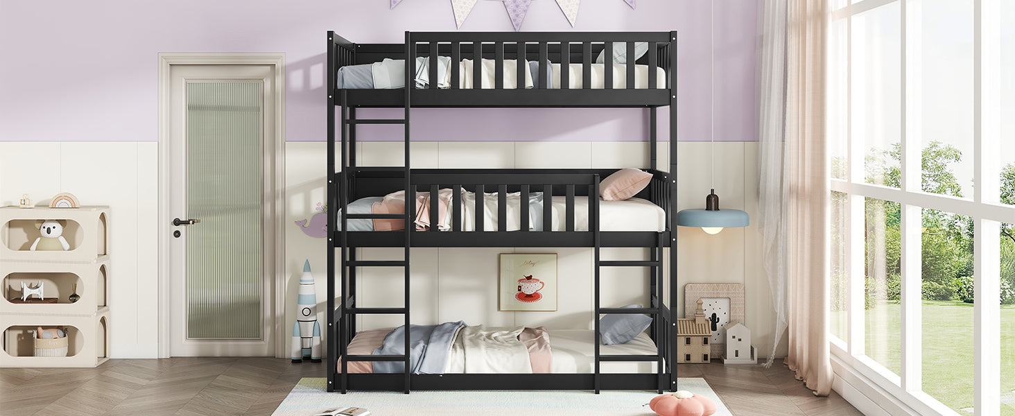 Black wood triple bunk bed with white linens and bluepink accents
