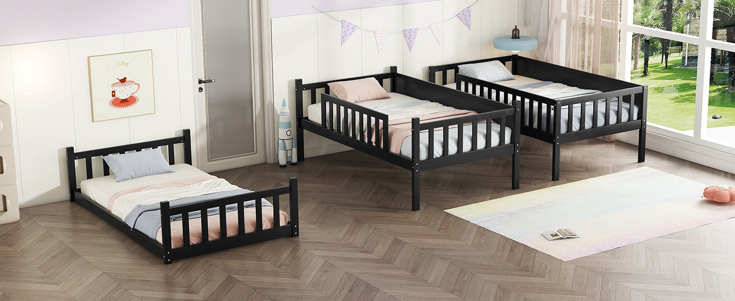 Black wooden toddler bed with guardrails and a light blue pillow on white bedding
