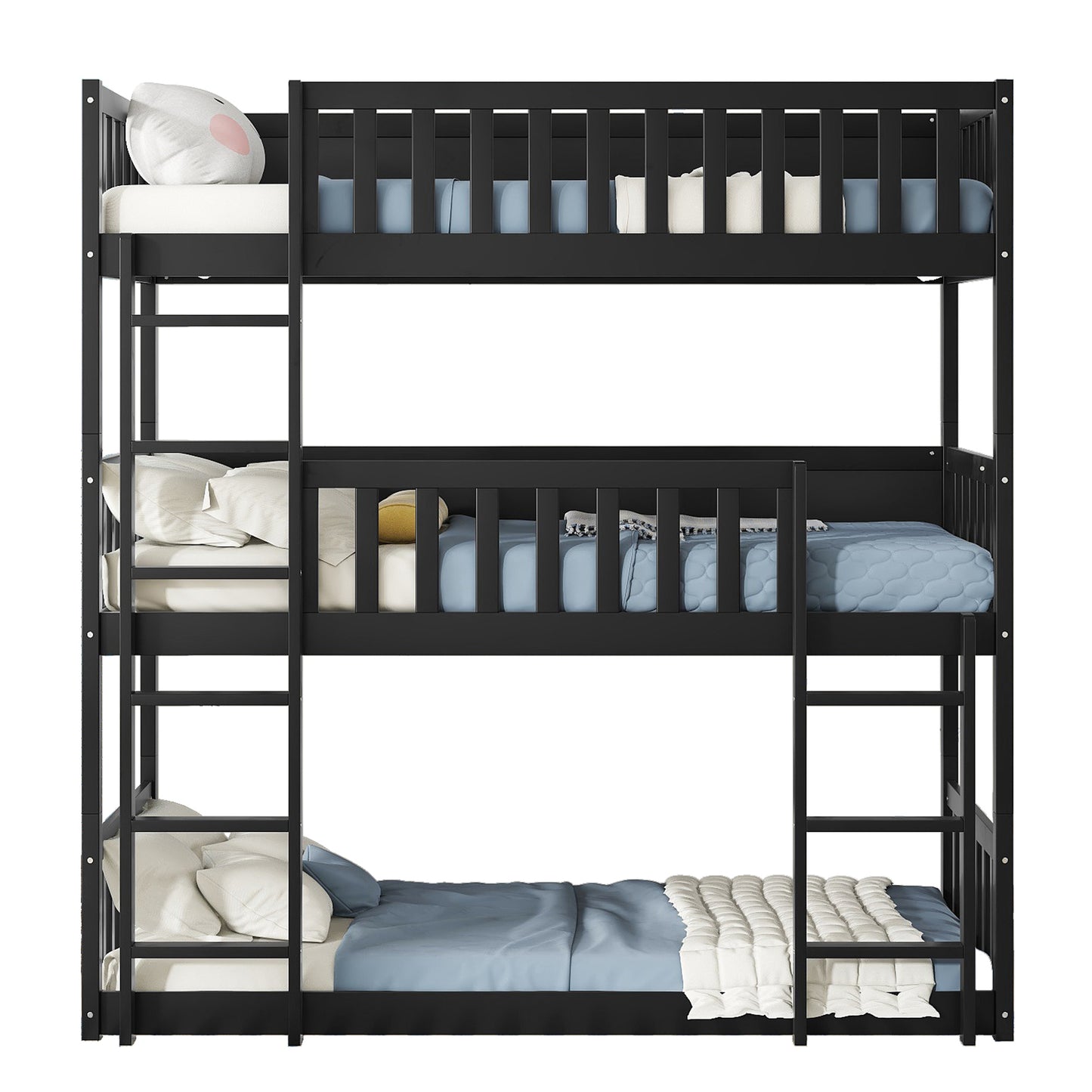 Black triple bunk bed with blue and white bedding
