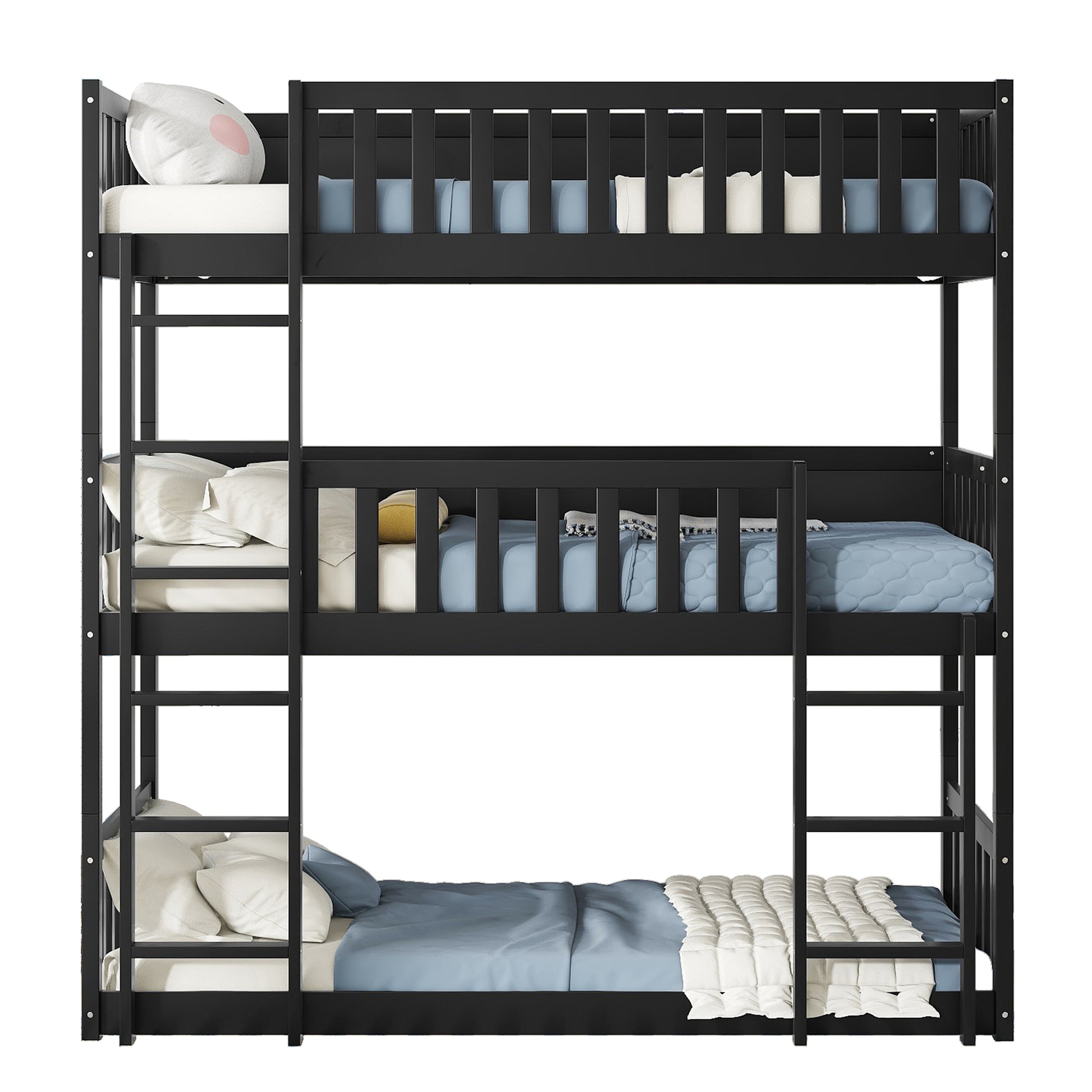 Black triple bunk bed with blue and white bedding