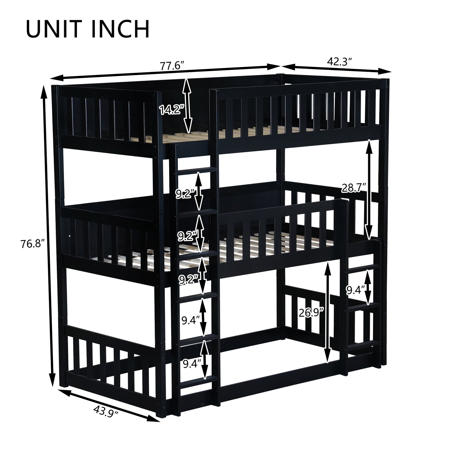 Black triple bunk bed with dimensions