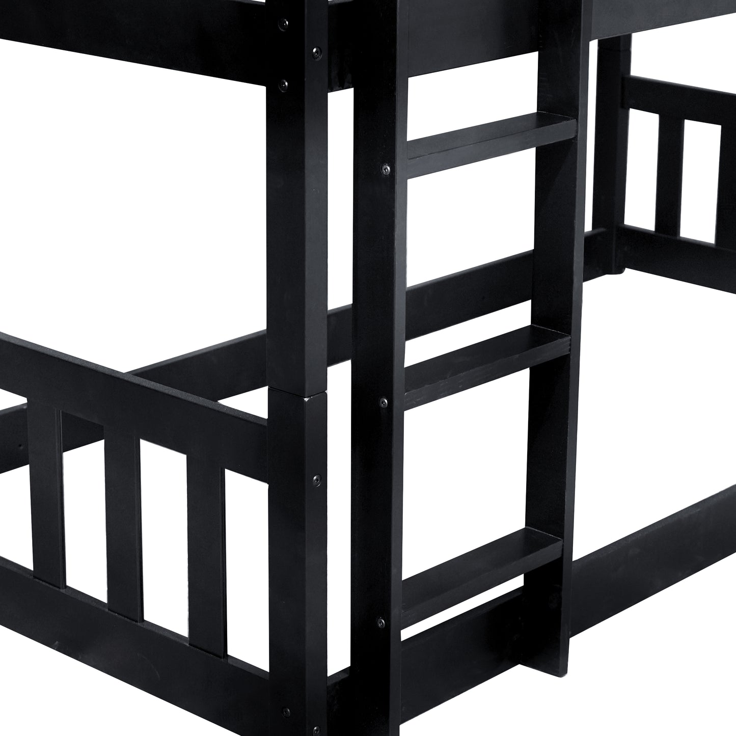 Black wooden bunk bed frame with ladder detail