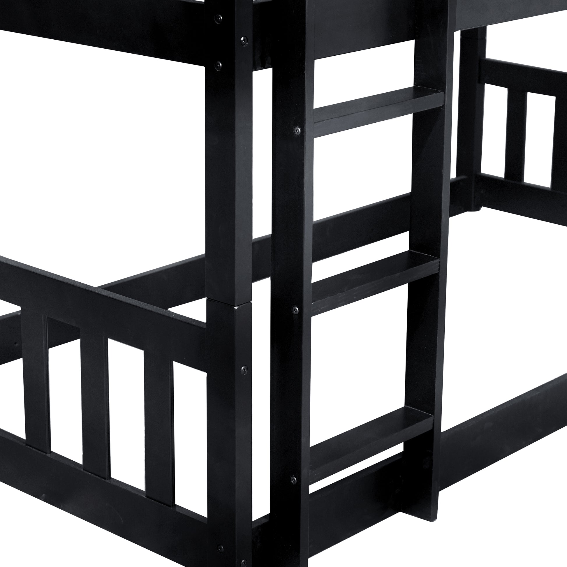 Black wooden bunk bed frame with ladder detail