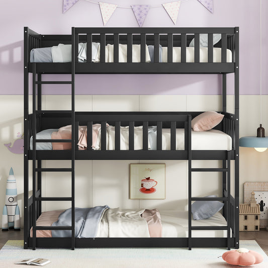 Black wooden triple bunk bed with three mattresses and bedding