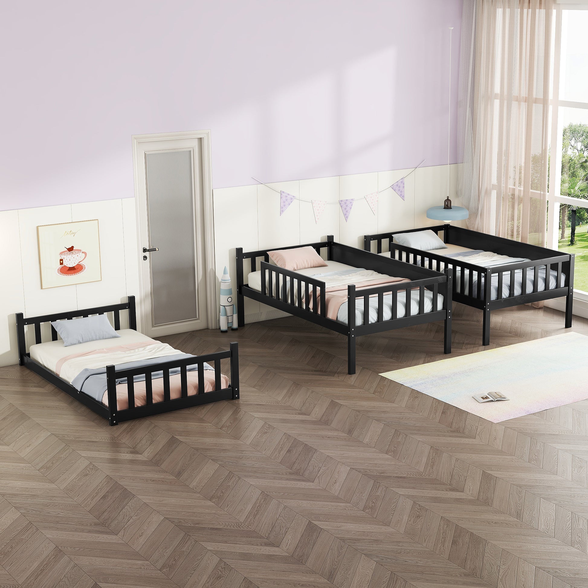 Black wooden toddler bed with side rails and light blue bedding