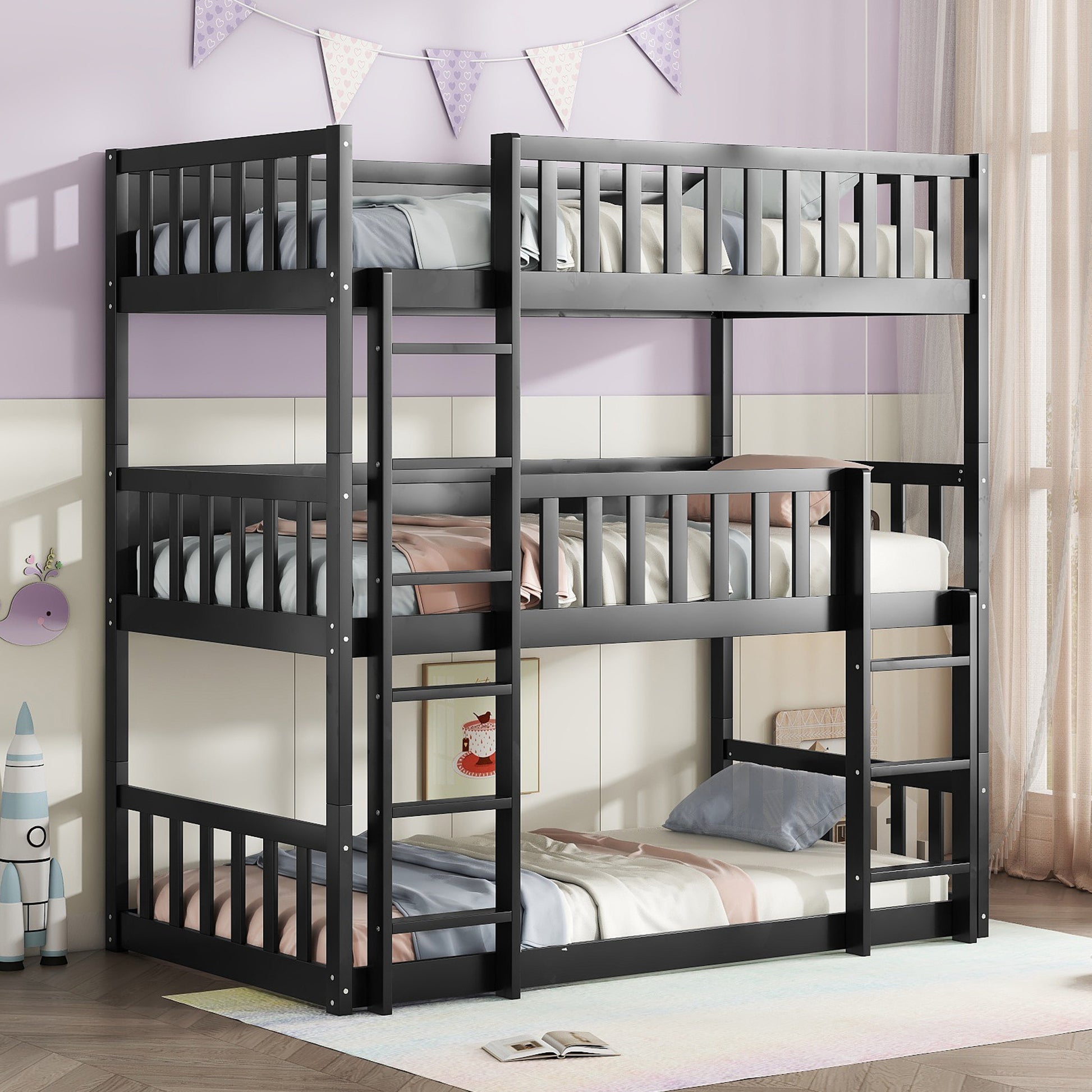 Black wooden triple bunk bed with slatted sides and ladders for kids