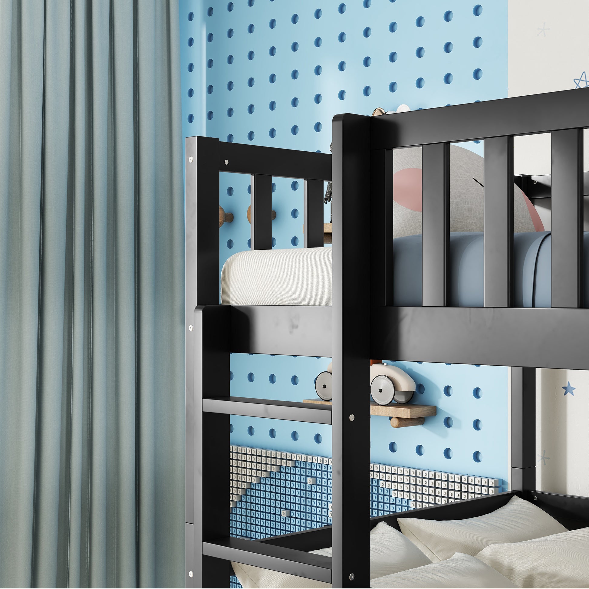 Black wooden bunk bed with white striped mattress on top bunk