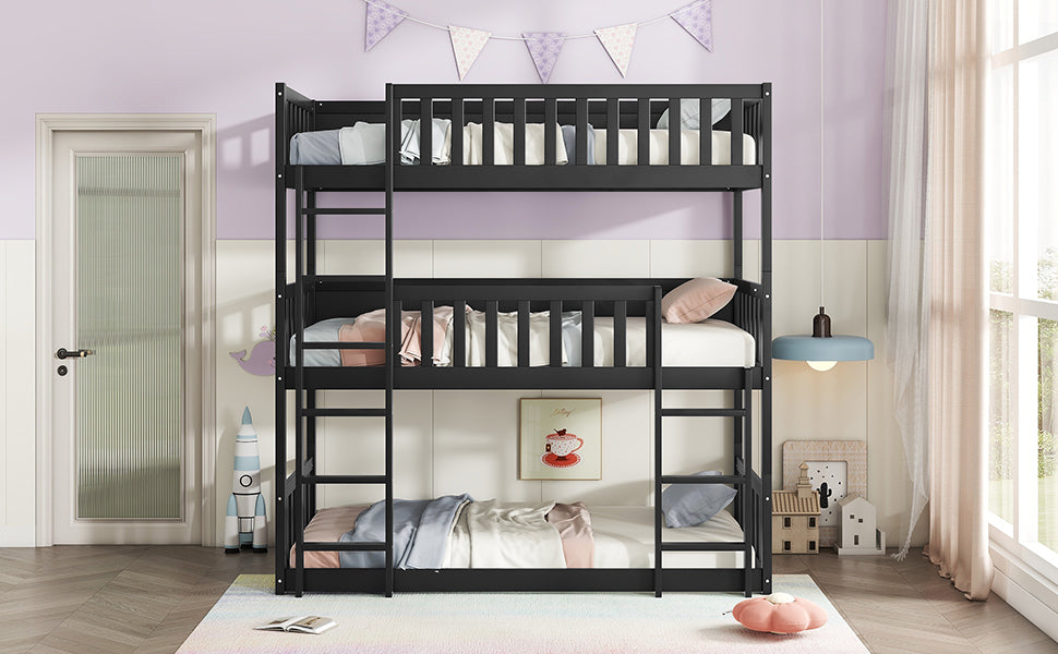 Black triple bunk bed with wooden frame and guardrails