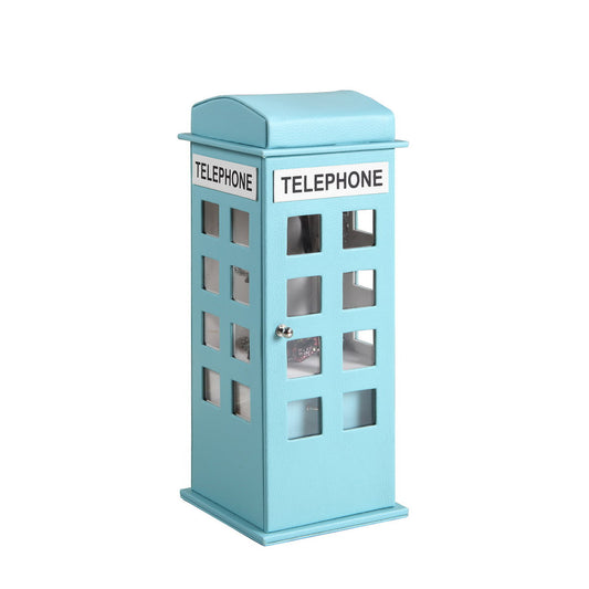 Blue telephone booth jewelry box with clear window panels
