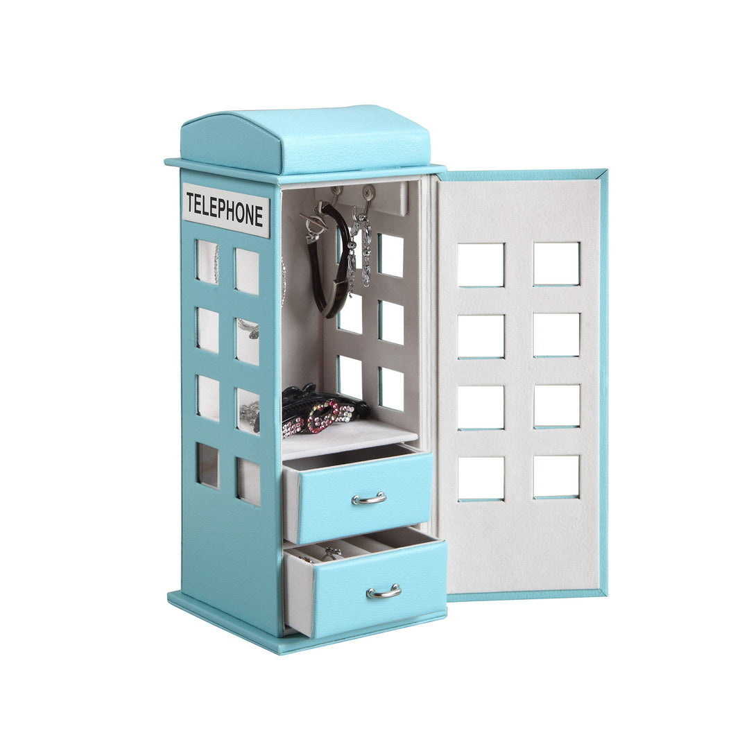 Blue telephone booth jewelry organizer with necklace hooks and drawers