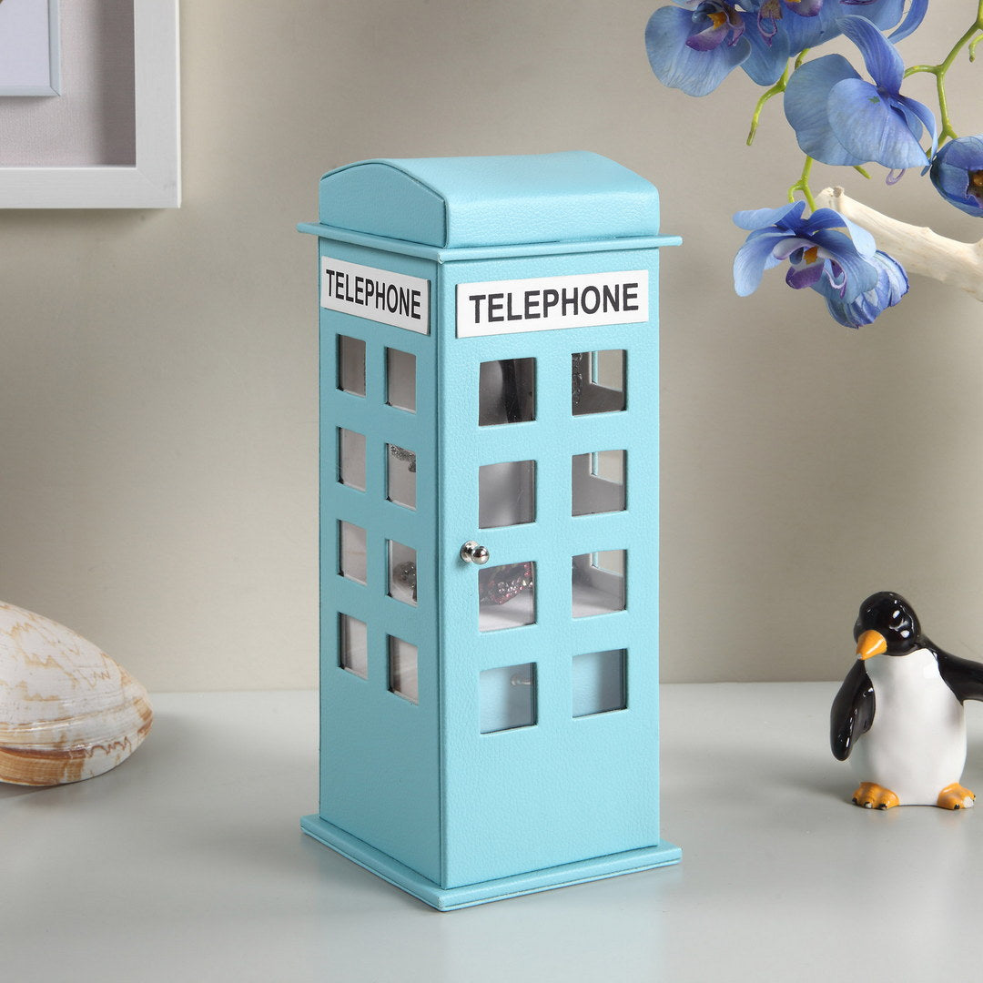 Blue telephone booth jewelry box with clear windows
