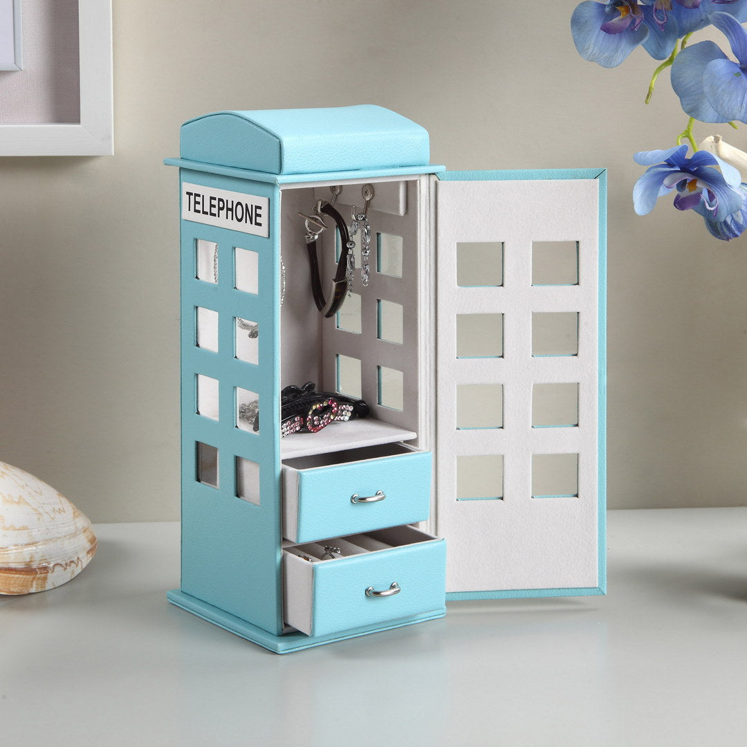 Light blue telephone booth jewelry box with necklace hooks