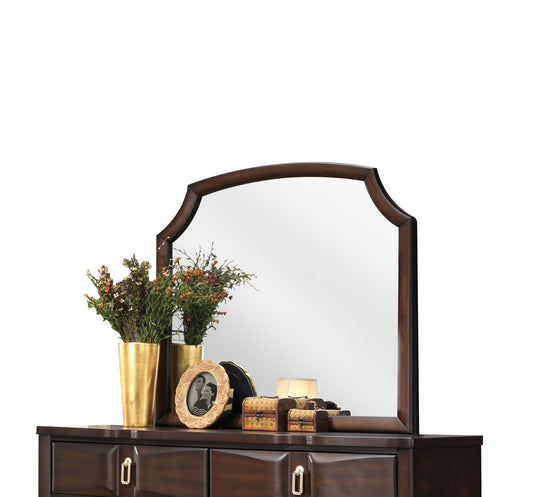 Dark wood dresser mirror with ornate frame
