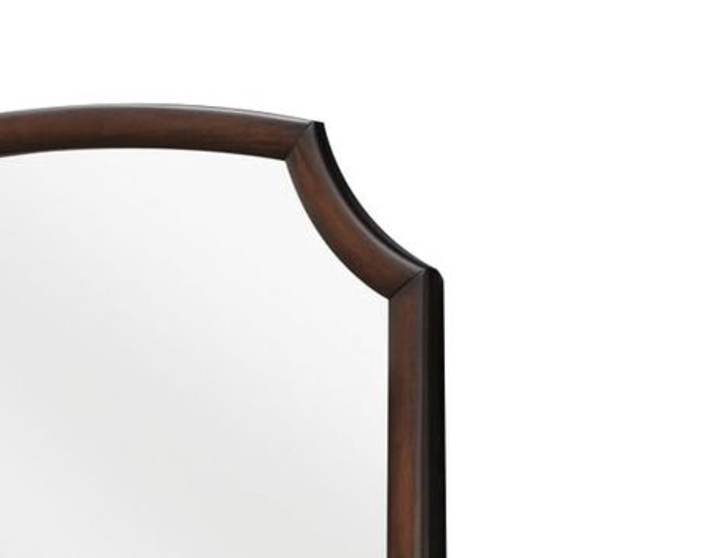 Ornate dark wood framed accent mirror with curved top edge